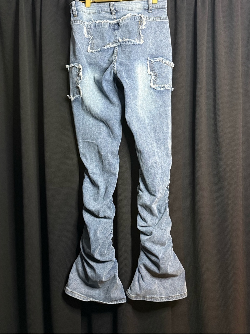 Light Blue Ruched Flare Jeans with Distressed Knee Patches - Picture 2 of 2